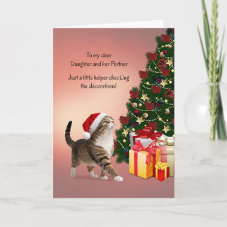 Dochter en haar partner Kat in een kerstmuts Feestdagen Kaart