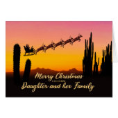 Dochter en kerstkerstkerstman over woestijn (Voorkant Horizontaal)