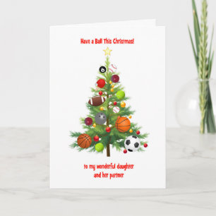 Dochter en Partner Kerstboom Sportballen Feestdagen Kaart