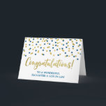 Dochter en zoon in de wet gefeliciteerd met blauw kaart<br><div class="desc">Felicitaties aan onze dochter en schoonzoon op hun trouwdag kaart in goud en blauw confetti patroon.</div>