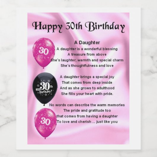 Dochter Gedicht Wijnflesje Label - 30e Verjaardag Wijn Etiket (Enkel label)