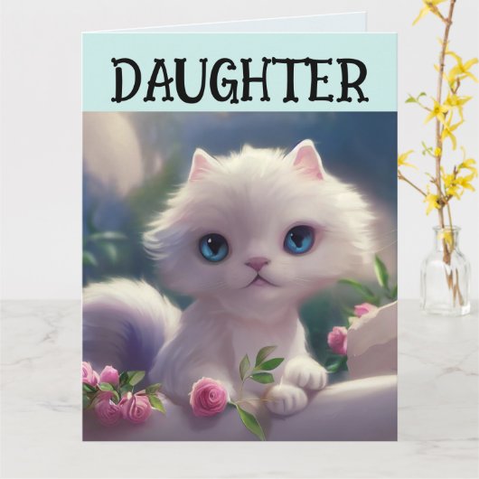 DOCHTER LEUKE WITTE KAT VERJAARDAG WENSKAART KAART (Gele Bloem)