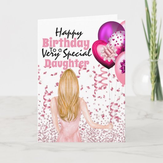 Dochter met roze ballonnen vol tanden kaart (Voorkant)