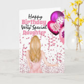 Dochter met roze ballonnen vol tanden kaart (Gele Bloem)