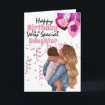 Dochter moeder kind illustratie ballonnen modern kaart<br><div class="desc">Een mooie illustratie van een vrouw met lang blond haar die een brunette haar kind in haar armen houdt, is omgeven door zacht roze confetti linten en heeft een bos paarse en fuchsia gekleurde ballonnen die boven haar zweven. De woorden, gelukkige verjaardag van een heel bijzondere dochter (die kan worden...</div>