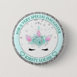 Dochter Mooie Mint & Zilveren Bloemen Eenhoorn Gez Ronde Button 5,7 Cm