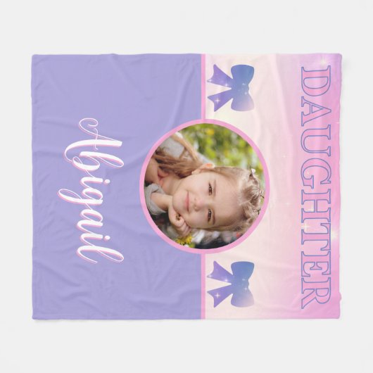 Dochter Pastel Roze Paarse Custom Foto en Naam Fleece Deken (Voorkant (Horizontaal))