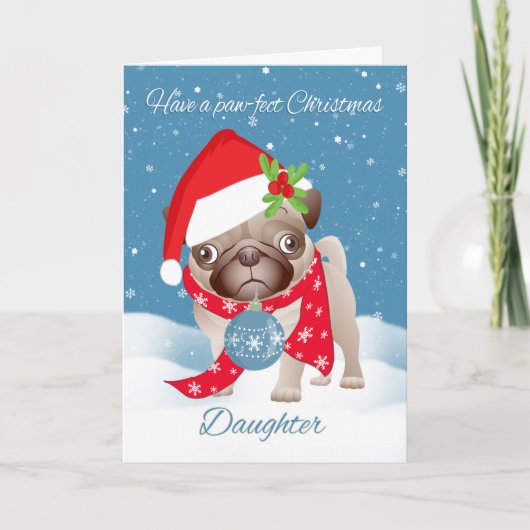 Dochter, Pug Hond met het Leuke Pet van de Feestdagen Kaart (Voorkant)