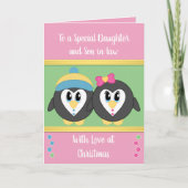 Dochter roze en groene pinguïns Kerstmis Kaart (Voorkant)