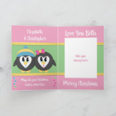 Dochter roze en groene pinguïns Kerstmis Kaart (Binnen)