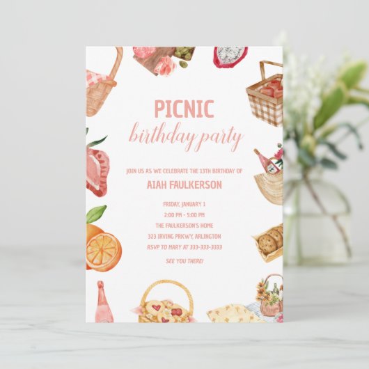 Dochter's verjaardag picknick in het park uitnodig kaart (Staand voorkant)