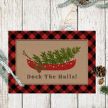 Dock de hallen kano kerstboom pllaid feestdagen kaart<br><div class="desc">Illustratie van een rode kano versierd met kerstverlichting met kerstboom binnen. Achtergrond is bruin karton met rode en zwarte buffel plaid rand. Personaliseer de tekst binnenin.</div>
