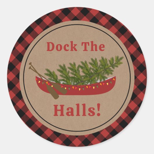 Dock de hallen kano kerstboom pllaid ronde sticker (Voorkant)