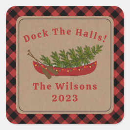 Dock de hallen kano kerstboom pllaid vierkante sticker