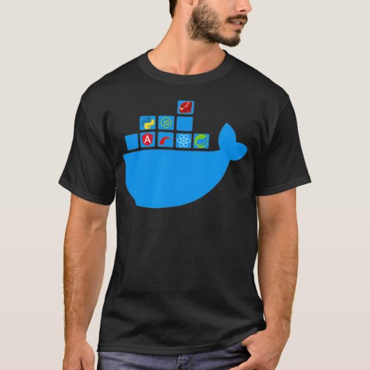 Docker React Node Js Ruby Rail Python Hackathon T-shirt (Voorkant)