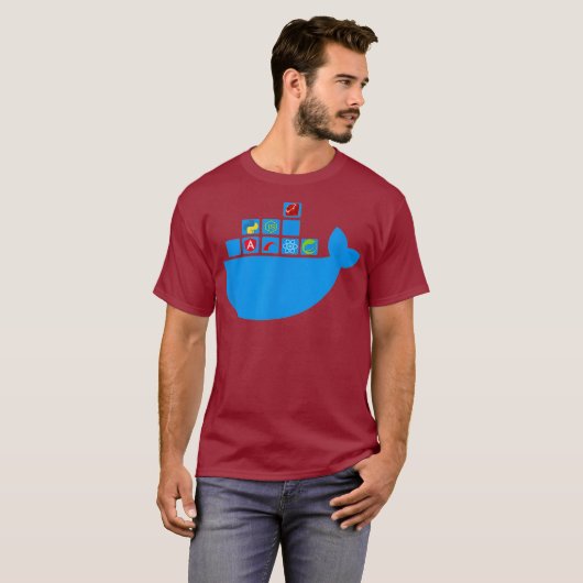 Docker React Node Js Ruby Rail Python Hackathon T-shirt (Voorkant volledig)