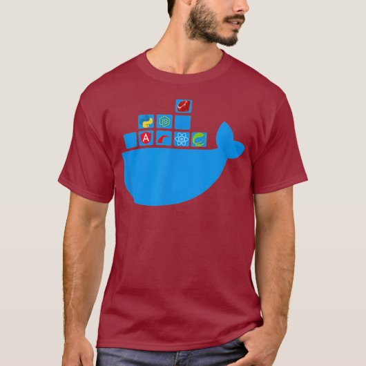 Docker React Node Js Ruby Rail Python Hackathon T-shirt (Voorkant)
