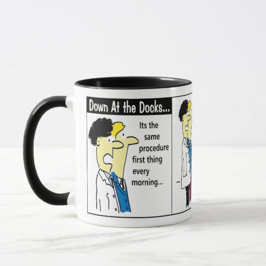 Docker verzendcontainer Cartoon humor Mok (Links)