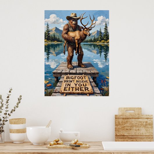 Dockside Dilemma: Sasquatch en de Elk Poster (Keuken)