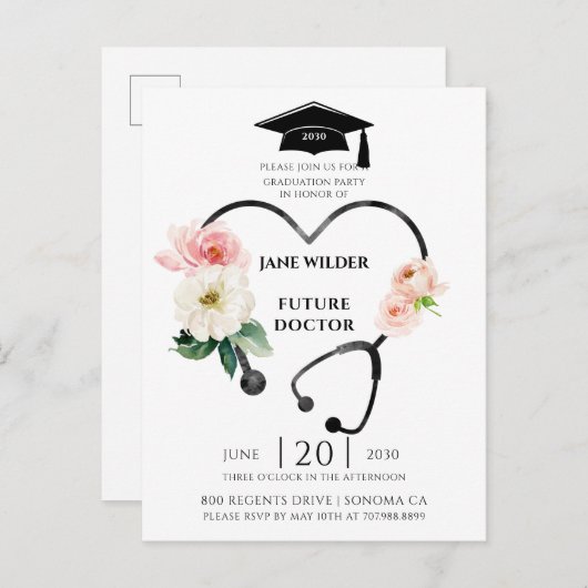 Doctor Afstuderen Floral Laurel Uitnodiging (Voorkant / Achterkant)