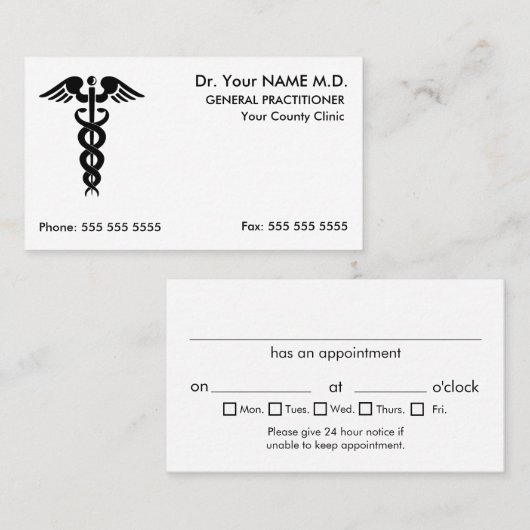 Doctor Caduceus White Benoeming Visitekaartje (Voorkant / Achterkant)