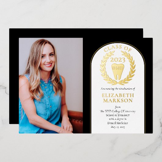 Doctor in de tandheelkunde Foto Afstuderen Gold Folie Uitnodiging (Voorkant / Achterkant)
