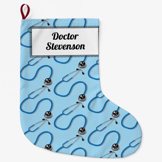 Doctor Stethoscoop Patroon Blauw Aanpasbaar Grote Kerstsok (Voorkant)