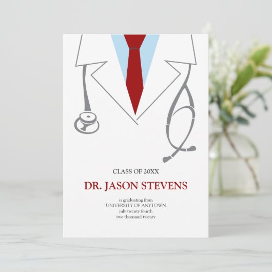 Doctor's White Coat Medical Afstuderen Invitation Kaart (Staand voorkant)