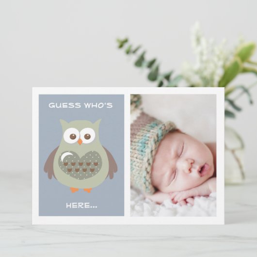 DOCUTE BLUE OWL BABY ANNOUNCEMENT FOTO-KAART KAART (Staand voorkant)