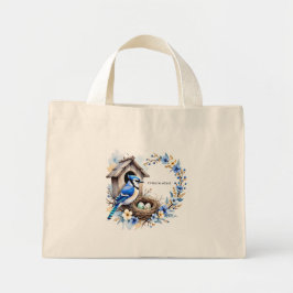 Dode blauwe gaai op nestkast – Bloemillustratie Mini Tote Bag