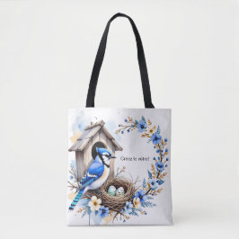Dode blauwe gaai op nestkast – bloemillustratie tote bag