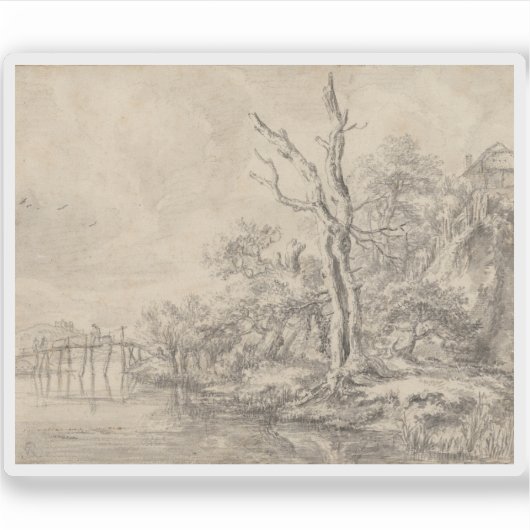 Dode boom bij een beek aan de voet van een heuvel sticker (Voorkant)