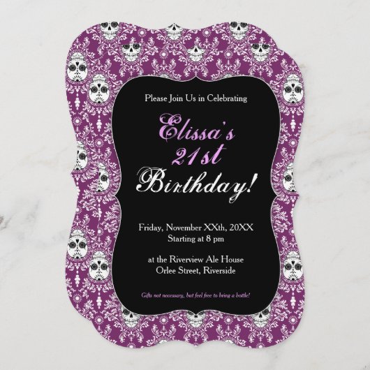 Dode Damast - Chic Suiker Skull Uitnodigingen (Voorkant / Achterkant)