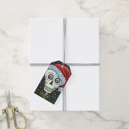 DODE HOOFD SANTA SKULL, CHRISTMAS SKELETON HUMOR CADEAULABEL (Met Touw)