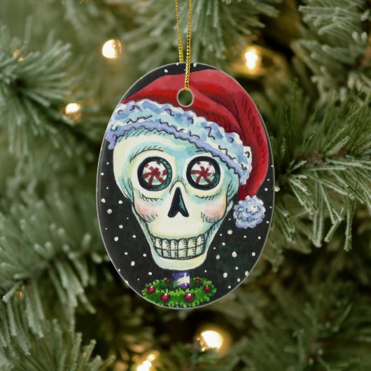 DODE HOOFD SANTA SKULL, CHRISTMAS SKELETON HUMOR KERAMISCH ORNAMENT (Boom)