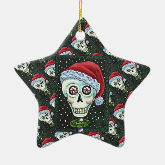 DODE HOOFD SANTA SKULL, CHRISTMAS SKELETON HUMOR KERAMISCH ORNAMENT (Voorkant)