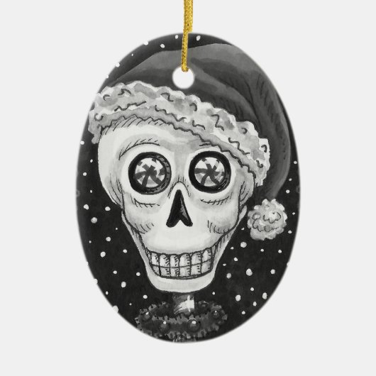 DODE HOOFD SANTA SKULL, CHRISTMAS SKELETON HUMOR KERAMISCH ORNAMENT (Voorkant)