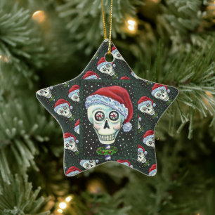 DODE HOOFD SANTA SKULL, CHRISTMAS SKELETON HUMOR KERAMISCH ORNAMENT