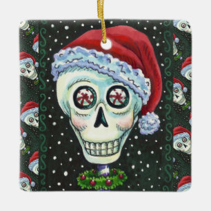 DODE HOOFD SANTA SKULL, CHRISTMAS SKELETON HUMOR KERAMISCH ORNAMENT