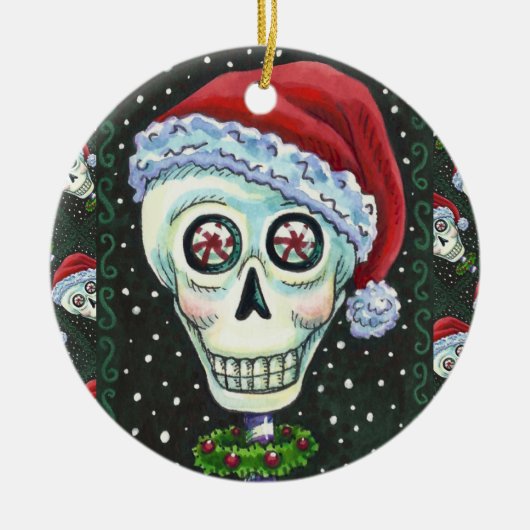 DODE HOOFD SANTA SKULL, CHRISTMAS SKELETON HUMOR KERAMISCH ORNAMENT (Voorkant)