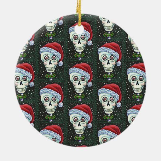 DODE HOOFD SANTA SKULL, CHRISTMAS SKELETON HUMOR KERAMISCH ORNAMENT (Achterkant)