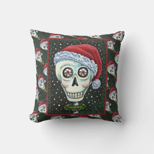 DODE HOOFD SANTA SKULL, CHRISTMAS SKELETON HUMOR KUSSEN (Voorkant)