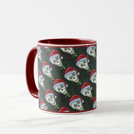 DODE HOOFD SANTA SKULL, CHRISTMAS SKELETON HUMOR MOK (Voorkant links)