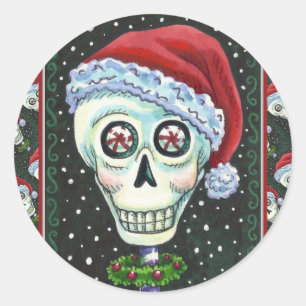 DODE HOOFD SANTA SKULL, CHRISTMAS SKELETON HUMOR RONDE STICKER