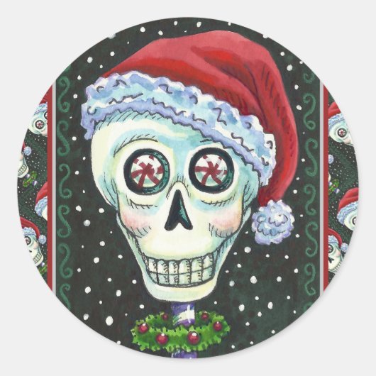 DODE HOOFD SANTA SKULL, CHRISTMAS SKELETON HUMOR RONDE STICKER (Voorkant)