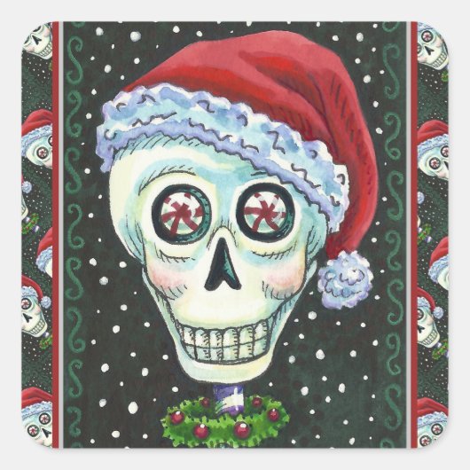DODE HOOFD SANTA SKULL, CHRISTMAS SKELETON HUMOR VIERKANTE STICKER (Voorkant)