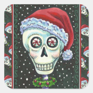 DODE HOOFD SANTA SKULL, CHRISTMAS SKELETON HUMOR VIERKANTE STICKER