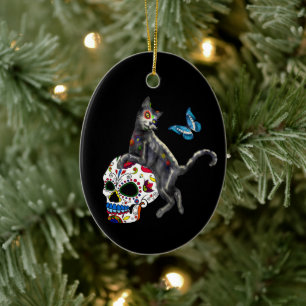 Dode Kat Suikerdodend Skull En Vlinder Keramisch Ornament