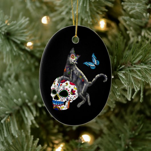 Dode Kat Suikerdodend Skull En Vlinder Keramisch Ornament (Boom)