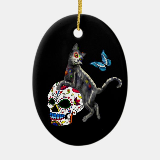 Dode Kat Suikerdodend Skull En Vlinder Keramisch Ornament (Voorkant)